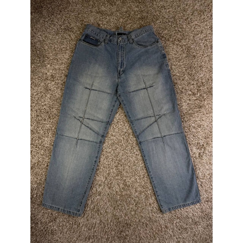 ENYCE Baggy Jeans Y2K Hip Hop Skate Distressed Stitched Seam Panel Denim Size 34